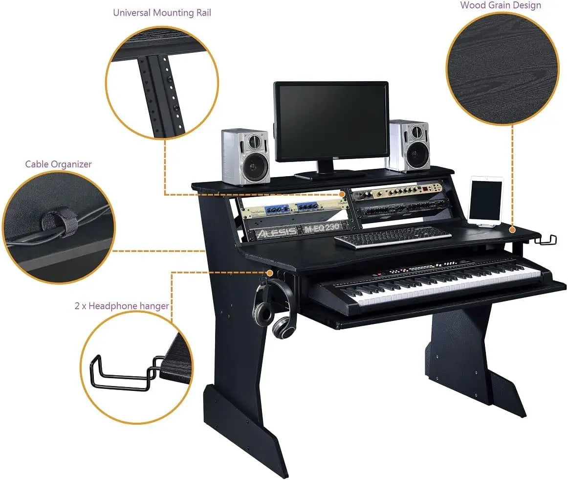 BE200 Series Music Studio Desk Workstation with 2 x 4U Rack (Black)