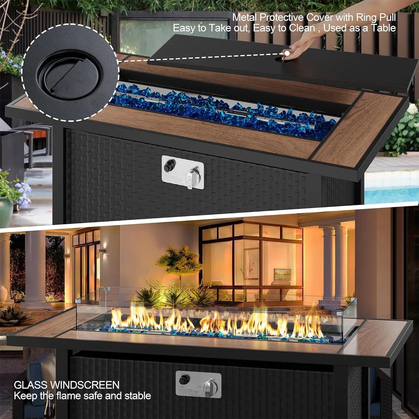 Walnut 45" Outdoor Propane Fire Pit Table with Glass Wind Guard, 50,000 BTU