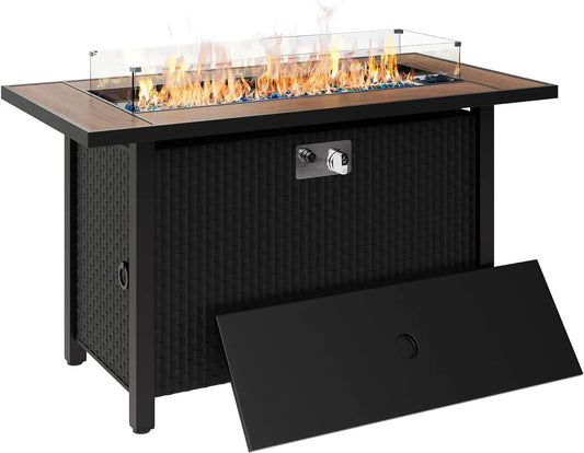 Walnut 45" Outdoor Propane Fire Pit Table with Glass Wind Guard, 50,000 BTU