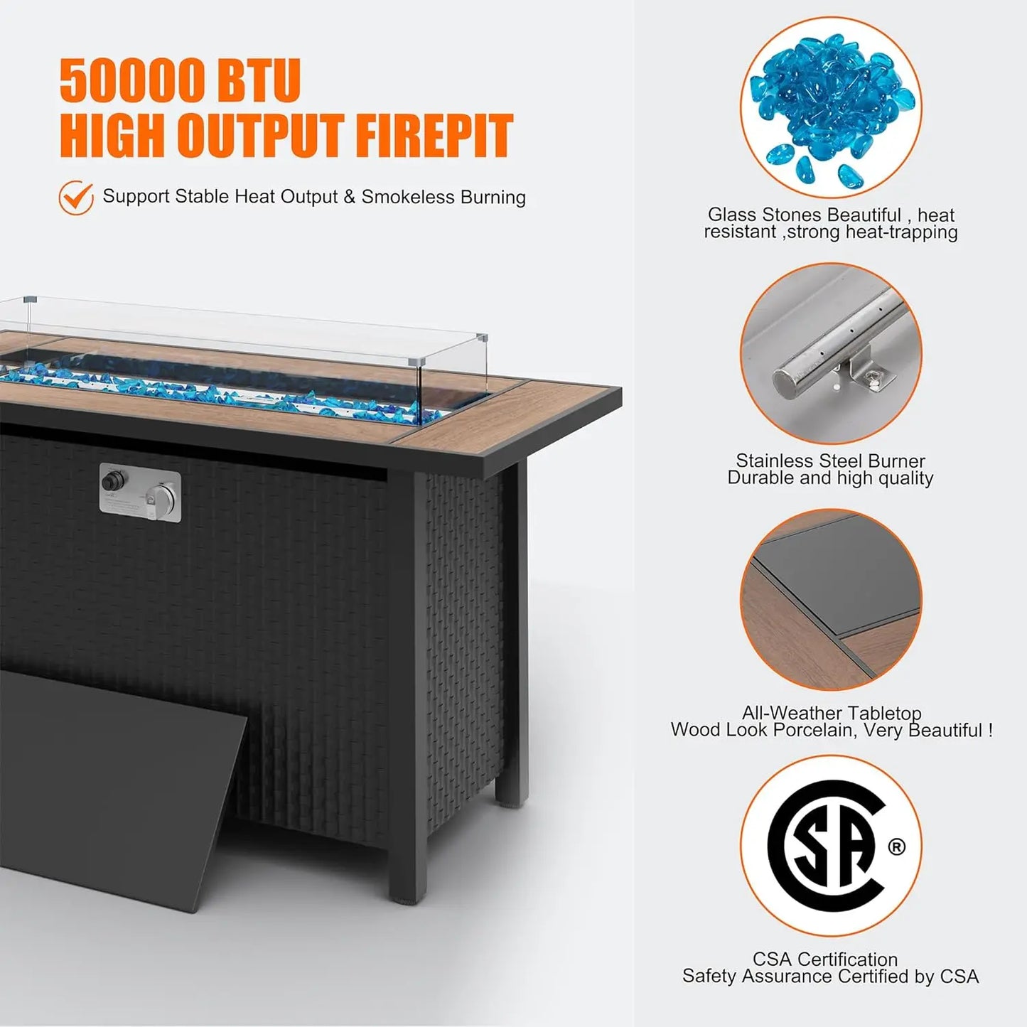 Walnut 45" Outdoor Propane Fire Pit Table with Glass Wind Guard, 50,000 BTU