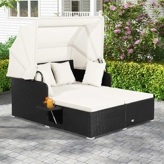 2-Person Wicker Outdoor Daybed with Canopy & Side Trays