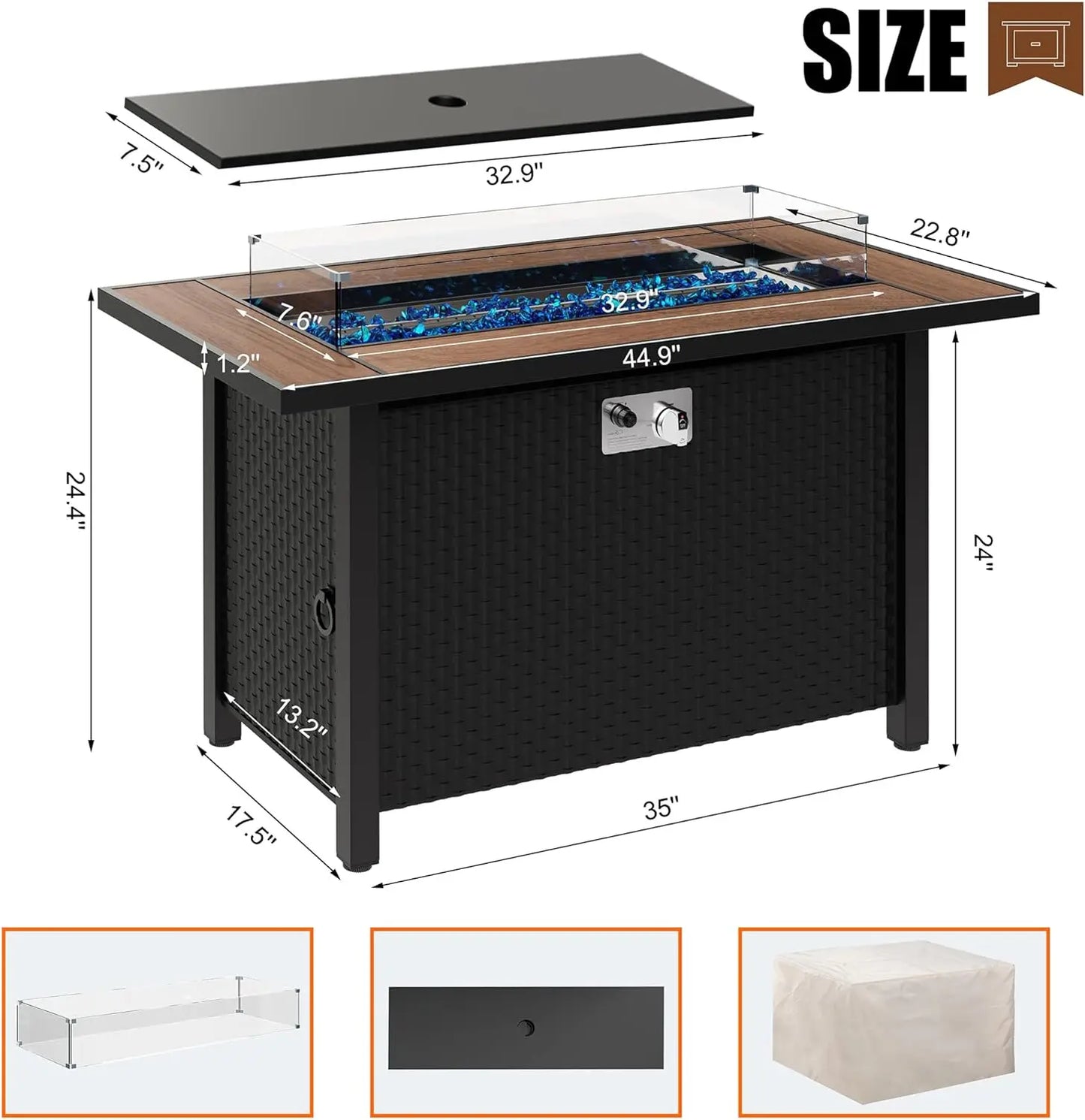 Walnut 45" Outdoor Propane Fire Pit Table with Glass Wind Guard, 50,000 BTU