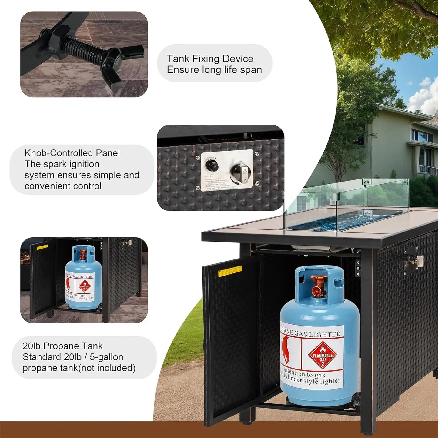 Walnut 45" Outdoor Propane Fire Pit Table with Glass Wind Guard, 50,000 BTU