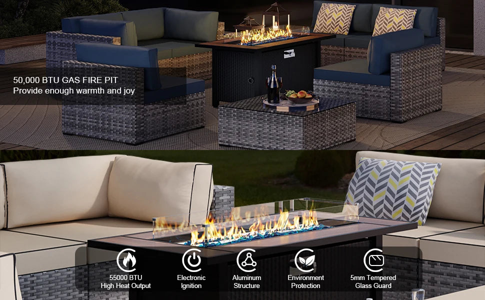 Walnut 45" Outdoor Propane Fire Pit Table with Glass Wind Guard, 50,000 BTU