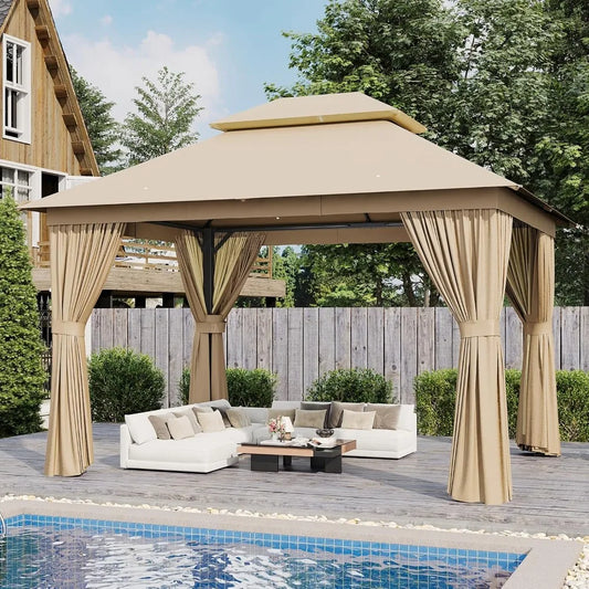 10x12 Outdoor Metal Gazebo with Double Roof & Mosquito Netting