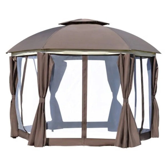12ft Round Patio Dome Gazebo with Double Roof & Curtains