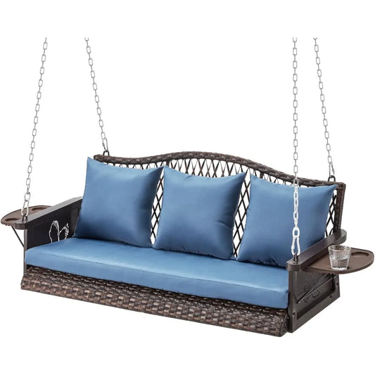 3-Seat Wicker Hanging Porch Swing with Chains (900 lbs Capacity)